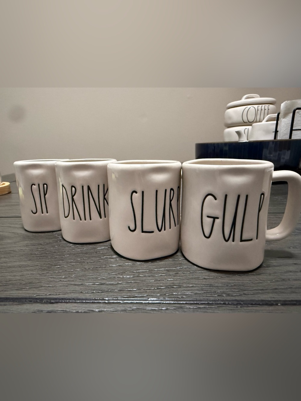 Rae Dunn White Ceramic Word Mugs - SIP DRINK SLURP GULP